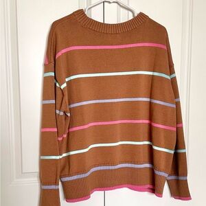 Lands' End Brown Drifter Sweater with Pink and Blue Stripes